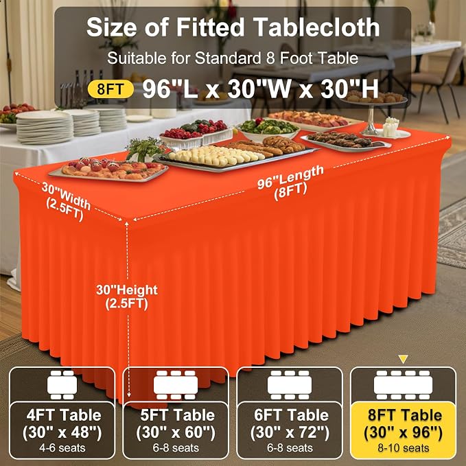 Smiry Spandex Elastic Fitted Table Cloth Skirt for 8FT Rectangle Table | Stretch Washable Table Cloth, Banquet Table Cover for Wedding, Party, Indoor & Trade Shows, (Orange, 96Lx30Wx30H)