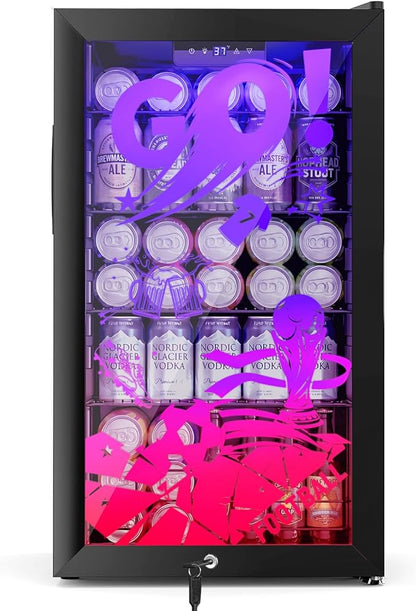 Small Beverage Refrigerator with LED Light Up Door – 128 Can Freestanding Drink Fridge, Mini Beer Cooler with 4 Removable Shelves, Child Safety Lock for Party Bar Gaming Room,World Cup Edition