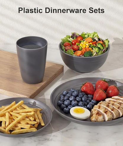 Quatish 32 Piece Plates and Bowls Sets for 8, Unbreakable Dinnerware Sets, Plastic Dish Set for Camping, Dishwasher Microwave Safe, Outdoor Kitchen and Apartment Dorm Dinning RV Essentials, Grey