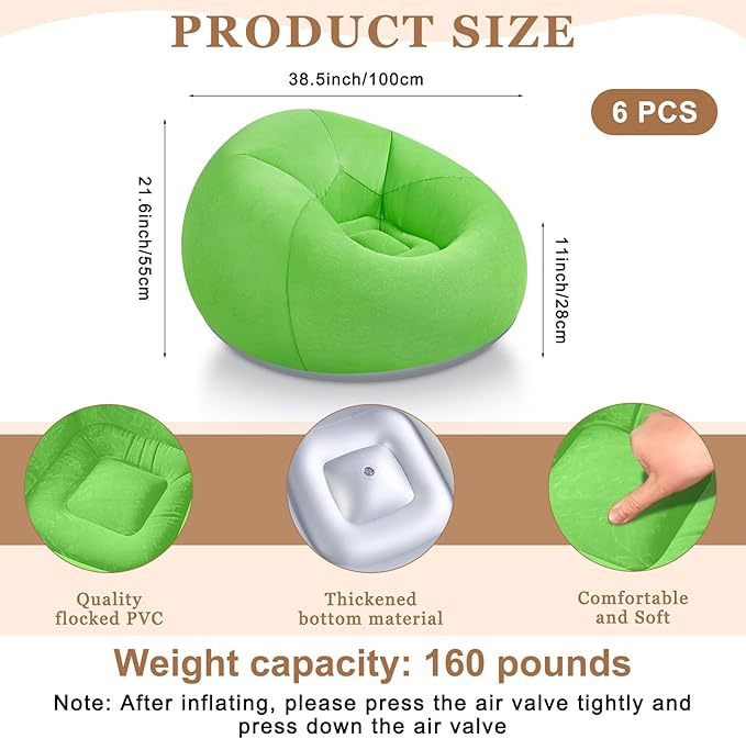 Realspring 6 9 12 Pcs Inflatable Bean Bag Chairs for Adults with Electric Air Pump, Blow up Couch Folding Portable Inflatable Couch Lazy Sofa for Outdoor Movie Night Camping(Coffee,Orange,Green,6 Pcs)