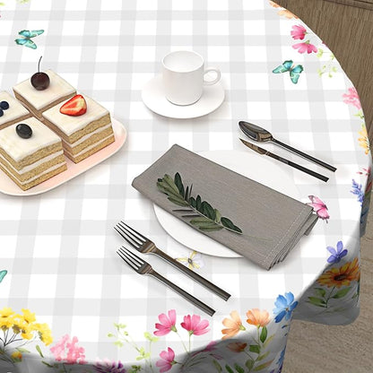 Sweetshow Spring Colorful Floral Table Cloth Round White Grey Buffalo Plaids Wildflower Butterflies Tablecloth 60 Inch Decor Washable Stain and Wrinkle Summer Round Table Cover for Dining Picnic