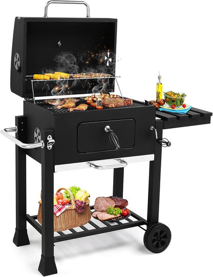 Charcoal Grill, BBQ Smoker with Handle and Side Table, Perfect for Outdoor Patio, Garden and Backyard Grilling, Black