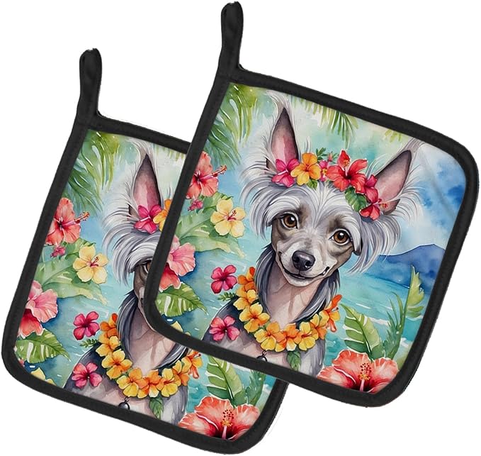 Caroline's Treasures Chinese Crested Luau Pair of Pot Holders Kitchen Heat Resistant Pot Holders Sets Oven Hot Pads for Cooking Baking BBQ, 7 1/2 x 7 1/2