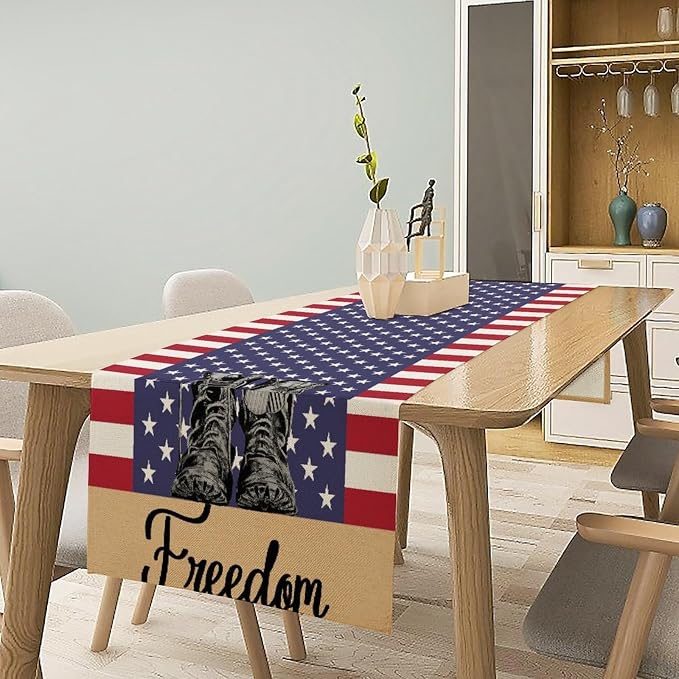 Stripes Stars Boots Freedom Memorial Day Patriotic 4th of July Table Runner, Independence Day Holiday Farmhouse Burlap Indoor Kitchen Dining Patriotic Independence Table Decor Home Party 13x36 Inch
