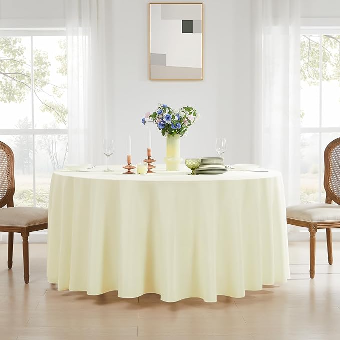2 Pack Ivory Round Tablecloths 132 Inch for Dining Tables | Washable Decorative Linen Polyester Table Cover for Banquets Buffets Parties and Weddings