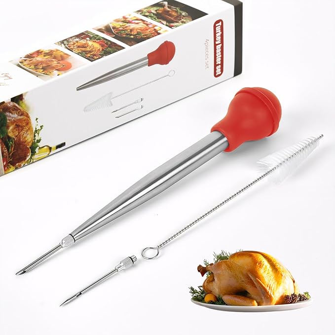 Large Turkey Baster with 2 Stainless Steel Needles,injector marinades for meats,turkey basters for cooking red (Red)