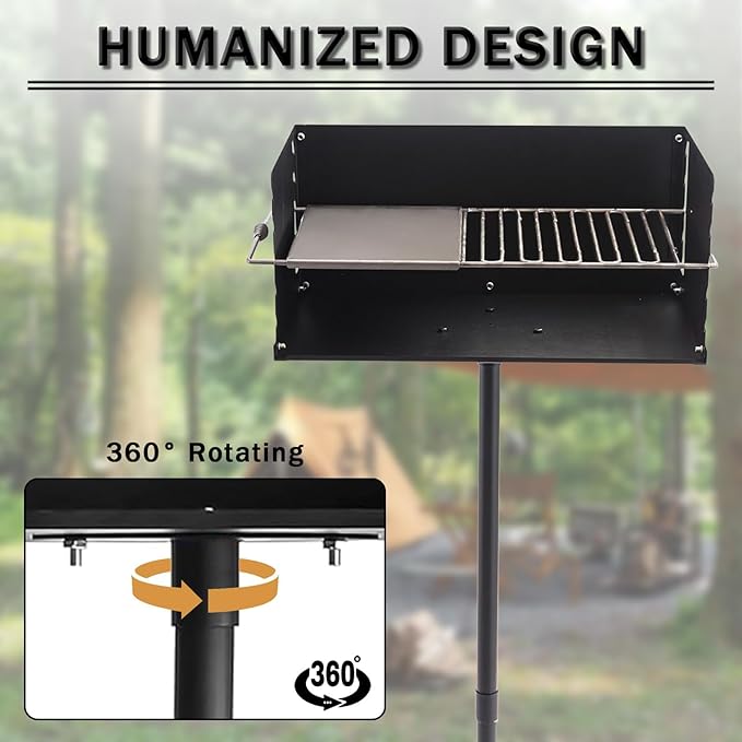 25" x 17" Heavy Duty Charcoal Grill - Park Style Portable BBQ Grill with Single Post & Cooking Grate for Backyard, Patio, and Camping
