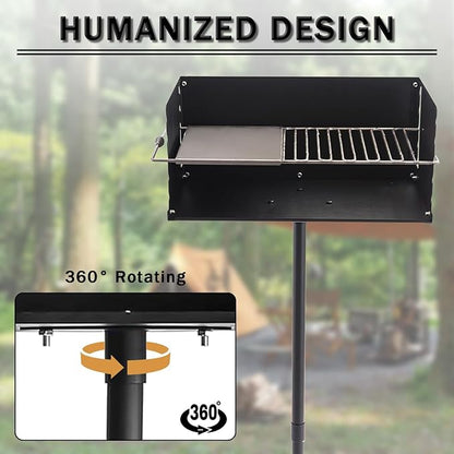 25" x 17" Heavy Duty Charcoal Grill - Park Style Portable BBQ Grill with Single Post & Cooking Grate for Backyard, Patio, and Camping