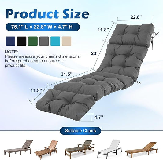 Chaise Lounge Cushions Outdoor, Waterproof & Fade Resistant Patio Lounge Chair Cushions for Outdoor Furniture, Chaise Cushion with Ties for Patio, Pool, Lawn and Beach, 75.1x22.8x4.7 Inch, Dark Grey