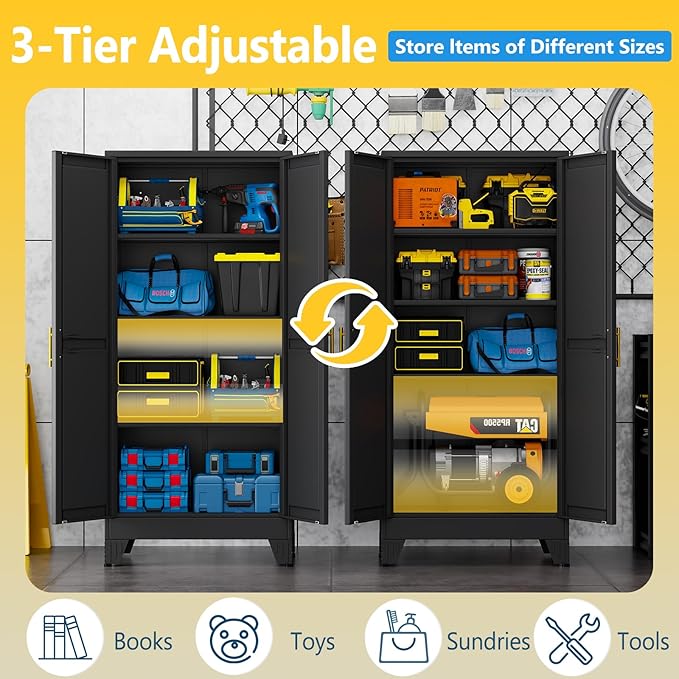 PAOFIN 61" Metal Storage Cabinet with 2 Doors and 3 Adjustable Shelves,Black Metal Garage Storage Cabinets, File Cabinet,Steel Tool Cabinets for Home,Office,Garage,School,Warehouse