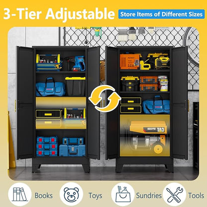 PAOFIN 61" Metal Storage Cabinet with 2 Doors and 3 Adjustable Shelves,Black Metal Garage Storage Cabinets, File Cabinet,Steel Tool Cabinets for Home,Office,Garage,School,Warehouse