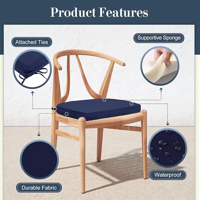 Cozyide Outdoor Chair Cushions, Waterproof Patio Seat Cushions with Adjustable Straps, Round Corner Patio Chair Cushions for Garden, Navy, 17x16x2 Inch (Pack of 4)