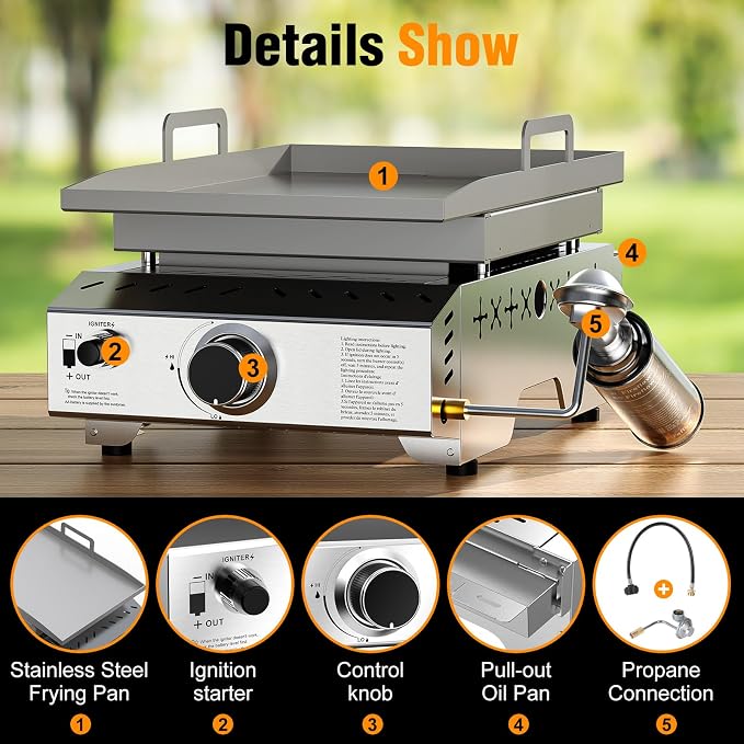 COWSAR Stainless Steel Tabletop Grill – 18-Inch Portable Propane Griddle | Gas Griddle,8000 BTU Flat Top Cooking Surface for Camping,Griddle with Handle