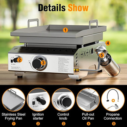 COWSAR Stainless Steel Tabletop Grill – 18-Inch Portable Propane Griddle | Gas Griddle,8000 BTU Flat Top Cooking Surface for Camping,Griddle with Handle