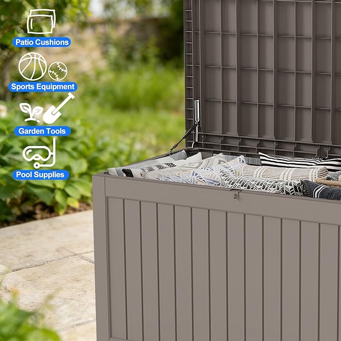 FEFLO 230 Gallon Waterproof Resin Outdoor Storage Box, Lockable & UV Resistant Patio Deck Boxes, Outside Storage for Patio Cushions, Pool Toys, Garden Tools & Package Delivery, Brown