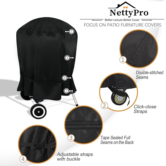 NettyPro Charcoal Kettle Grill Cover 18 inch for Weber, Heavy Duty Waterproof Outdoor Round Smoker Cover, 23" W x 21" D x 35" H, Black
