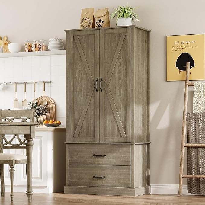 GarveeHome Kitchen Pantry Cabinet, Farmhouse Storage Cabinet with Barn Doors, Drawers and Adjustable Shelves, Versatile Storage for Kitchen, Dining Room, Grey