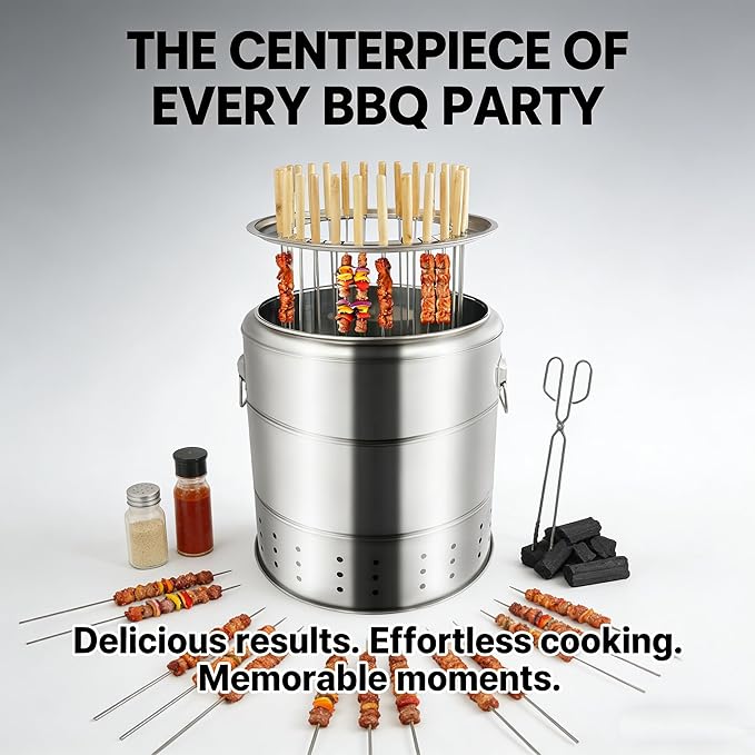 Portable Smokeless Charcoal Grill Barrel, 28-Skewer Vertical Barbecue Grill for Outdoor & Indoor, Stainless Steel 360° Rotating Kebab BBQ Grill, Large Capacity Camping Grill for 6-10 People, 15.4x16.9