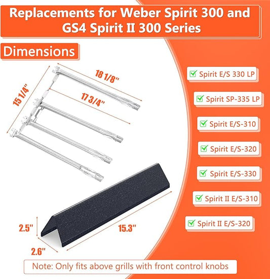 Spirit e330 Grill Parts, 69787 Burner & 7636 Flavorizer Bars for Weber Spirit 330, Spirit 335, Spirit 300 Grill with Front Control Knobs, 15.3" Heat Plates & 18" Burners for Spirit Flavorizer Bars