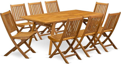 East West Furniture DEDK9CWNA 9 Piece Outdoor Patio Dining Sets Includes a Rectangle Acacia Wood Table and 8 Folding Side Chairs, 40x72 Inch, Natural Oil