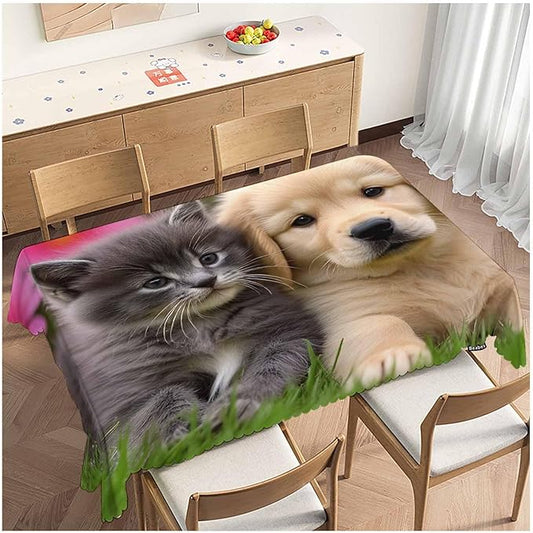 Table Cloth Cat Dog, Cute Funny Farmhouse Soft Table Cover for Kitchen Dining Tabletop Decoration, 52x70 Inch Fitted, 4-6 Seats