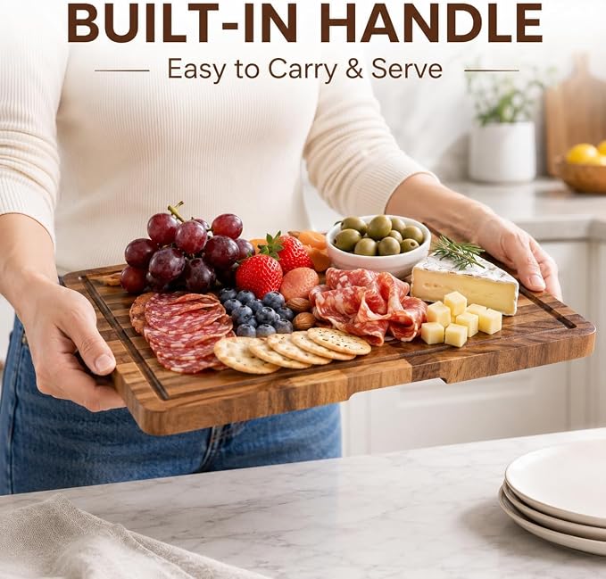 Walnut Cutting Board for Kitchen, Checkered End Grain Wood Cutting Board, Butcher Block with Juice Groove, Handle & Non-Slip Feet, Large Charcuterie Board for Meat, BBQ & Serving