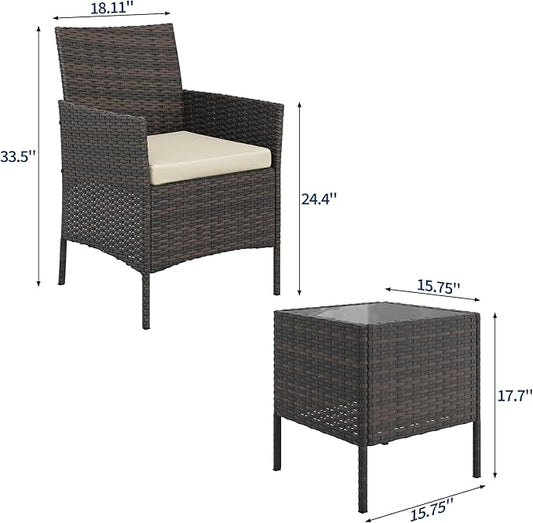 3-Piece Outdoor Furniture Set, PE Rattan Wicker Chairs with Soft Cushions & Tempered Glass Coffee Table - All-Weather Patio Set for Garden, Backyard, Porch, Poolside (Gradient Brown/Beige)