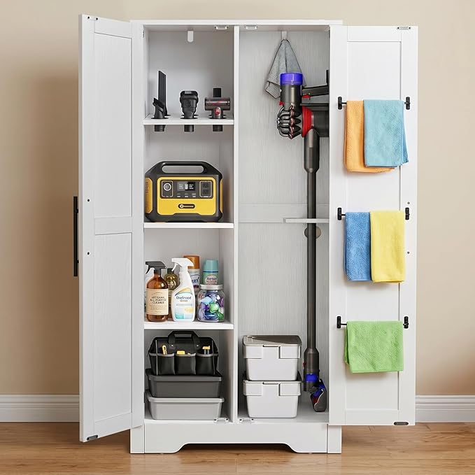 NORTHSKY Wooden Storage Cabinet, 55" Broom Closet & Vacuum Cleaner Holder Compatible with Dyson, Utility Cabinet for Brooms & Mops, Cleaning Cabinet w/Doors for Garage,Laundry,Mudroom,Home Office