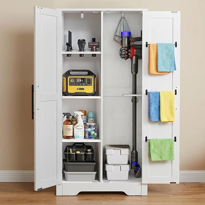 NORTHSKY Wooden Storage Cabinet, 55" Broom Closet & Vacuum Cleaner Holder Compatible with Dyson, Utility Cabinet for Brooms & Mops, Cleaning Cabinet w/Doors for Garage,Laundry,Mudroom,Home Office
