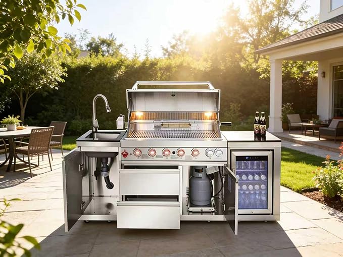 Silver 6-Burner 85000 BTU Stainless Steel Propane Gas Outdoor Kitchen Island Grill with Single Door Cabinet & Wine Cooler Refrigerator | Ideal for Patio, Backyard BBQ & Outdoor Gatherings