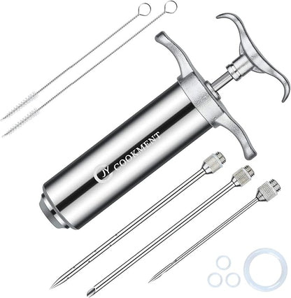 JY COOKMENT Meat Injector Syringe 2-oz Marinade Flavor Barrel 304 Stainless Steel with 3 Professional Needles 2 Cleaning Brushes and 4 Silicone O-Rings