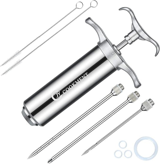 JY COOKMENT Meat Injector Syringe 2-oz Marinade Flavor Barrel 304 Stainless Steel with 3 Professional Needles 2 Cleaning Brushes and 4 Silicone O-Rings