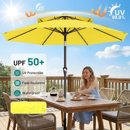 AreShark 9ft 2 Tiers Patio Umbrella with Solar Lights, Outdoor Umbrella w/ 32 LED Lights&8 Sturdy Ribs, Table Umbrella for Deck, Backyard, Pool(Yellow)