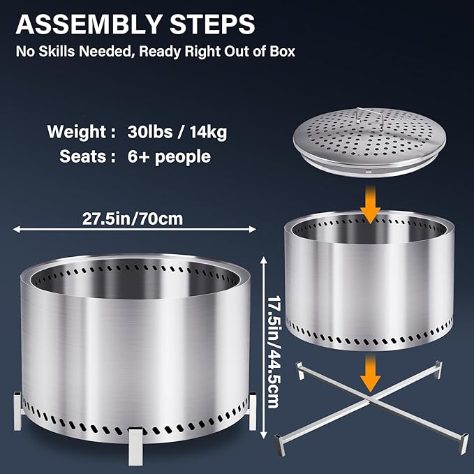HGD 27.5" Smokeless Fire Pit Outdoor, Large Stainless Steel Wood Burning Firepit with Secondary Combustion, Backyard Patio Stove for Garden, BBQ & Bonfire