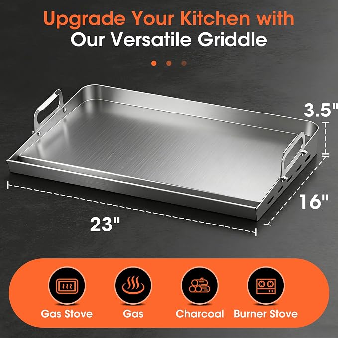 EUTRKei 23"x16" Stainless Steel Griddle for Gas Grill, Plancha Para Cocinar | Reinforced Flat Top with Grease Groove, Effortless Cleanup for Backyard BBQ, Tailgating, Camping & Family Parties