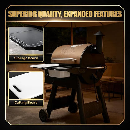 QuliMetal Folding Front Shelf for Traeger Pro 22, Pro 575, Ironwood 650, BAC362, Grill Front Table with Cutting Board, Wash Basin, Lid & 5 Hooks, Steel BBQ Prep Shelf for Food Prep and Storage