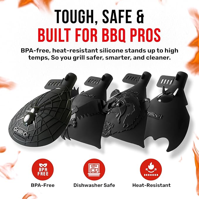 Grillbot Heat Resistant BBQ Heat Shield for Utensils, Protect Hands from Burns, Splatter & Flare-Ups, BPA-Free Silicone, Dishwasher Safe, Universal Fit, Perfect Grill Gift for Men (Black, Spider)