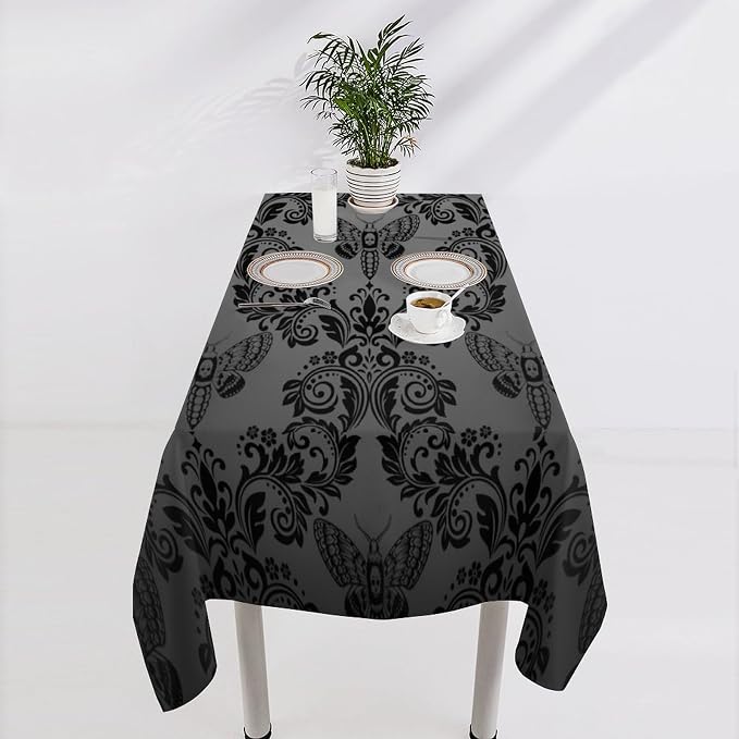 Black Damask Tablecloth Gothic Vintage Floral Skull Exotic Moth Antique Table Cloth Water Resistant Wipeable Table Cover for Farmhouse Party Holiday Kitchen Dinner Table 55x55
