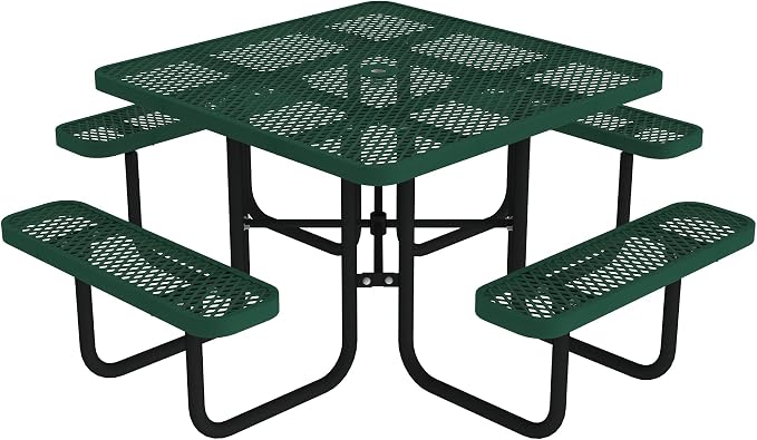 Norwood Commercial Furniture Open Air Series 46" Square Picnic Table with Benches and Umbrella Hole, Commercial-Grade Steel Portable Outdoor Picnic Table, Black