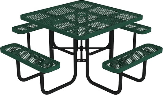 Norwood Commercial Furniture Open Air Series 46" Square Picnic Table with Benches and Umbrella Hole, Commercial-Grade Steel Portable Outdoor Picnic Table, Black