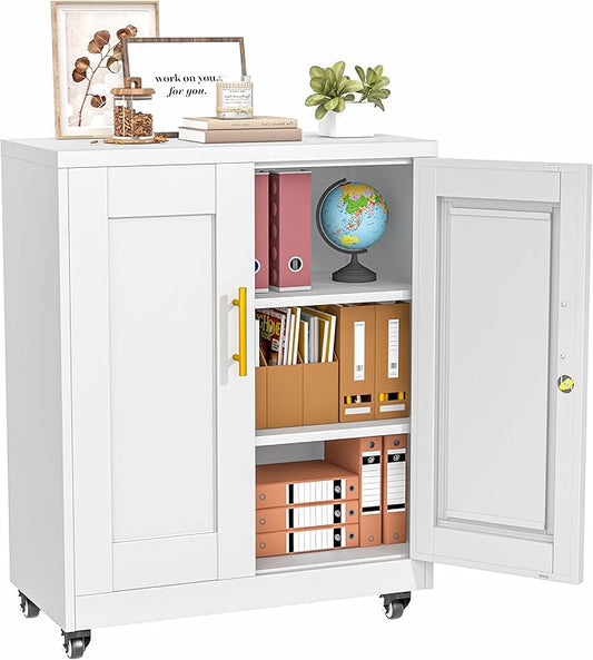 PAOFIN Metal Storage Cabinet-35” Tall Steel File Cabinets with Lockable Doors and Adjustable Shelves, Steel Tool Cabinet with Wheel for Home, School, Office, Garage White