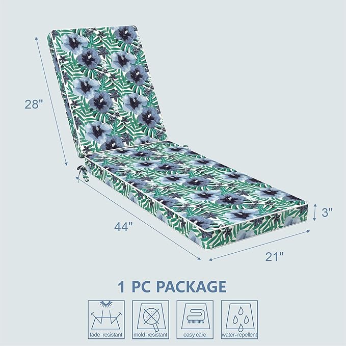 LVTXIII Outdoor Chaise Lounge Cushion 72x21x3 Inch, Water-Repellent Patio Seat Cushion with Ties & Hidden Zipper, Thick Foam Pad for Lawn Chair, Poolside, Patio Furniture, Blue Salmone Tropical