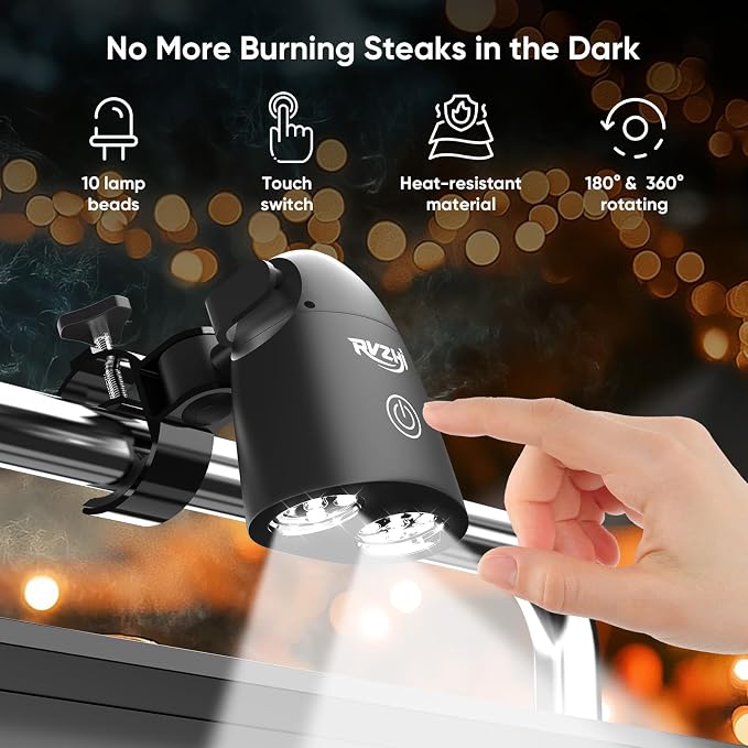 Grill Light BBQ Accessories: 10 LEDs Bright BBQ Light Outdoor Cooking | Adjustable Max 1.6in C-Clamp - Clip-On Handle Mounted Flexible Rotating Smoker Lighting - Grilling Gifts for Men Dad Husband