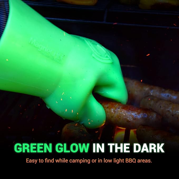 MagneCHEF Freedom Series Magnetic Quick-Release BBQ Gloves – Get Out Fast, 500°F Heat Resistant Silicone, 3mm Thick, Non-Slip Grip, Waterproof & Easy Clean (Green Glow in the Dark)