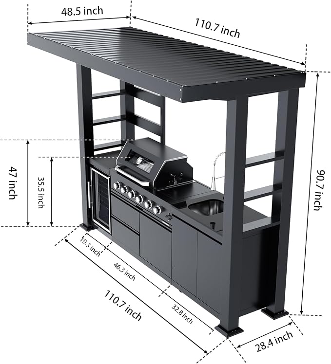 110" Covered Outdoor Kitchen Island with Roof, 4-Burner 72,000 BTU Propane BBQ Island with Side Burner, Refrigerator, Integrated Sink & Prep Station, for Backyard and Patio Cooking, Black