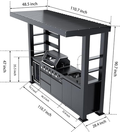 110" Covered Outdoor Kitchen Island with Roof, 4-Burner 72,000 BTU Propane BBQ Island with Side Burner, Refrigerator, Integrated Sink & Prep Station, for Backyard and Patio Cooking, Black