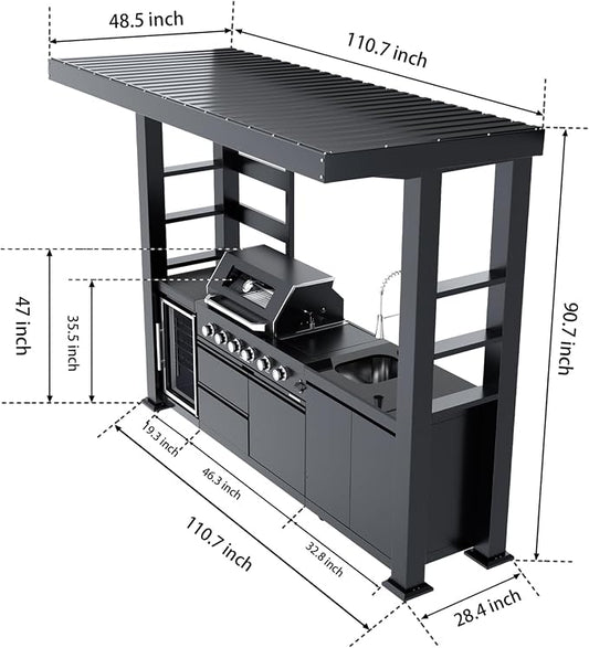 110" Covered Outdoor Kitchen Island with Roof, 4-Burner 72,000 BTU Propane BBQ Island with Side Burner, Refrigerator, Integrated Sink & Prep Station, for Backyard and Patio Cooking, Black