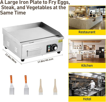 18" 1500W Commercial-Grade Stainless Steel Electric Griddle – Adjustable Temp 122-572°F, Half Flat Top Grill with 2 Shovels & Brushes, Plug Included for Indoor/Outdoor Cooking