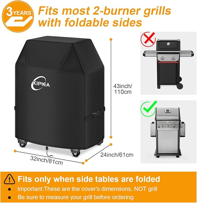 Kipiea 600D Heavy Duty Gas Grill Cover for Weber Spirit E-210/E-215, 32-Inch Waterproof BBQ Cover with Windproof Buckles – Not Compatible with Spirit II E-210, Both Side Tables Must Be Folded