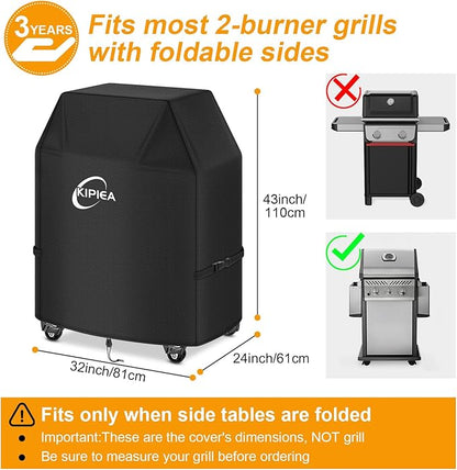 Kipiea 600D Heavy Duty Gas Grill Cover for Weber Spirit E-210/E-215, 32-Inch Waterproof BBQ Cover with Windproof Buckles – Not Compatible with Spirit II E-210, Both Side Tables Must Be Folded